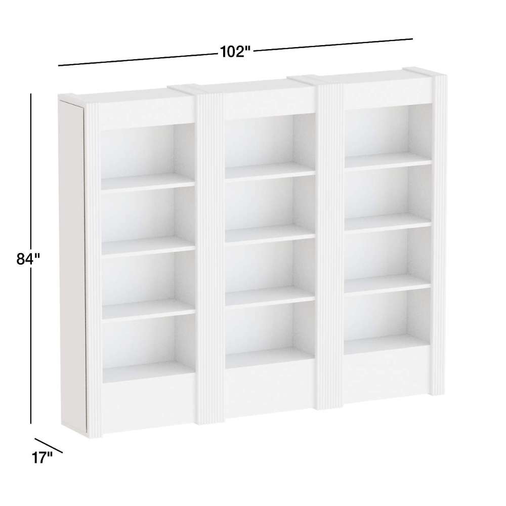 Crate & Barrel Siena 102" Wood 4-Shelf Storage Bookcase with Drawer, Set of 3 dimensions showing a triple bookcase set measuring 102 inches wide 84 inches high and 17 inches deep