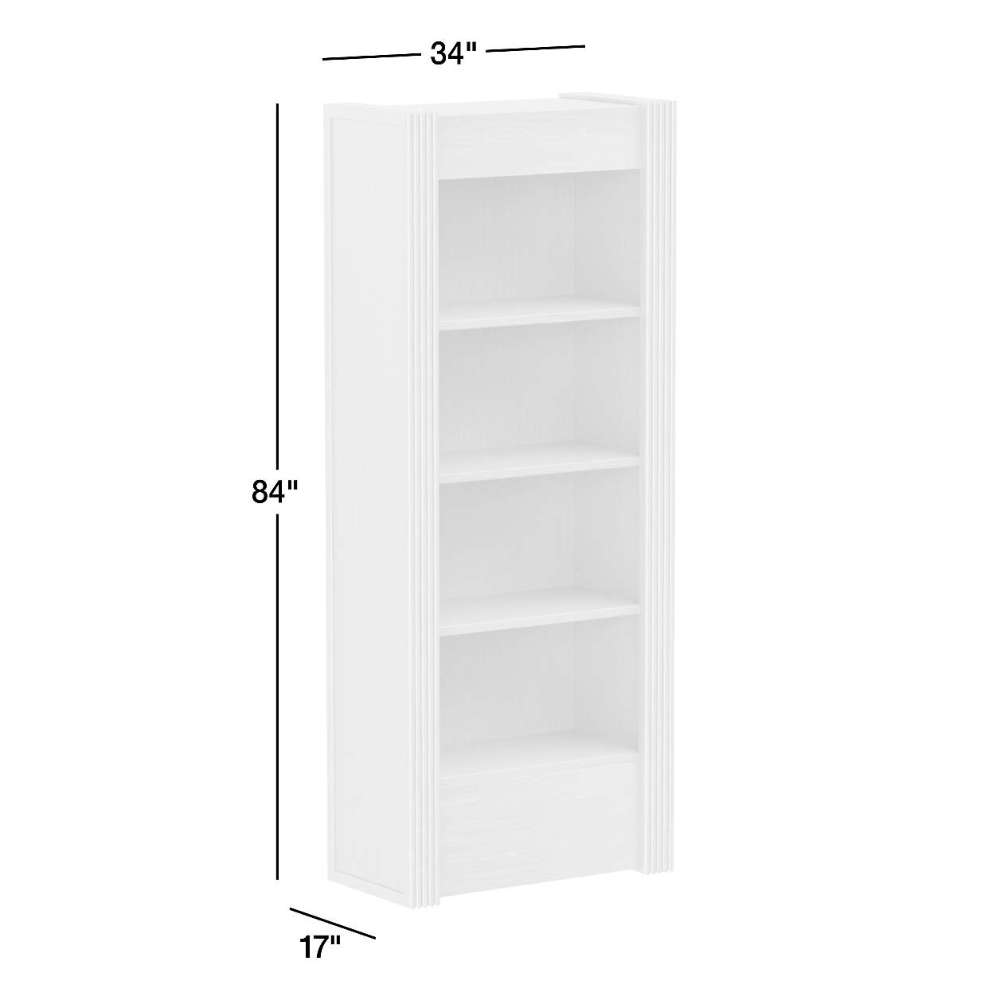 Crate & Barrel Siena 34" Black Wood 4-Shelf Storage Bookcase with Drawer dimensions showing an 84-inch tall bookcase with four shelves and a storage drawer