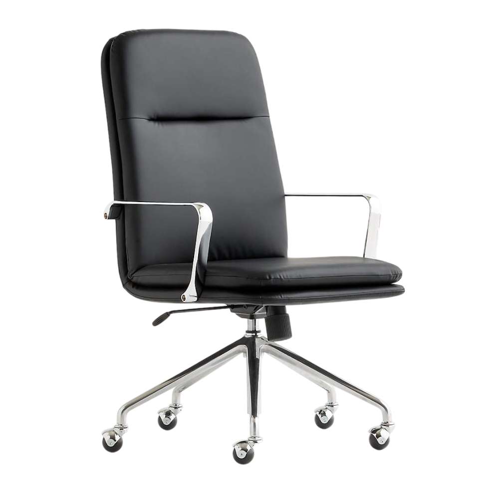 Crate & Barrel Smythe Black Faux Leather Office Chair shown from an angled front view with a padded seat, high backrest, chrome armrests, and caster wheels