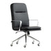 Crate & Barrel Smythe Black Faux Leather Office Chair shown from an angled front view with a padded seat, high backrest, chrome armrests, and caster wheels