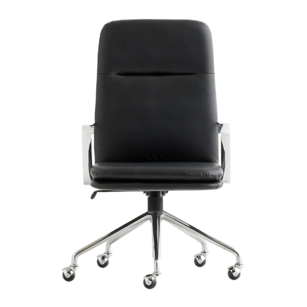 Crate & Barrel Smythe Black Faux Leather Office Chair shown from the front with a tall padded back, cushioned seat, chrome armrests, and a five-wheel base