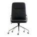 Crate & Barrel Smythe Black Faux Leather Office Chair shown from the front with a tall padded back, cushioned seat, chrome armrests, and a five-wheel base