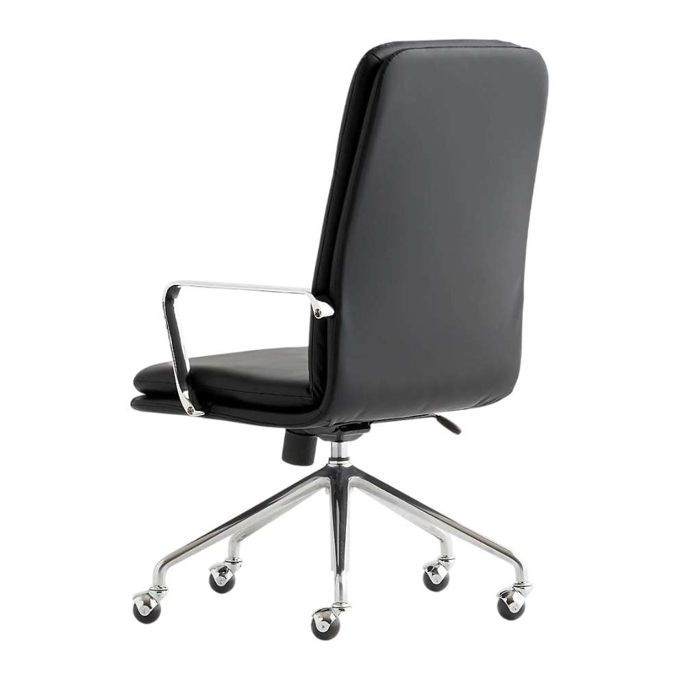 Crate & Barrel Smythe Black Faux Leather Office Chair shown from the rear with a tall black faux leather back, chrome armrests, and a five-wheel swivel base