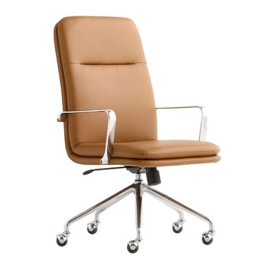 Crate & Barrel Smythe Camel Faux Leather Office Chair shown from an angled front view with a cushioned seat, high backrest, chrome arms, and caster wheels