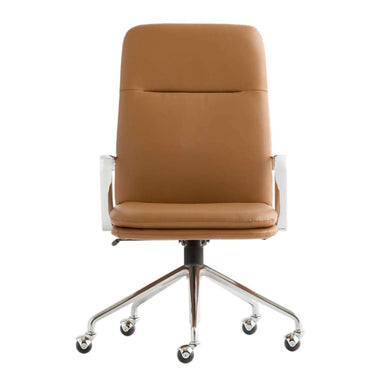 Crate & Barrel Smythe Camel Faux Leather Office Chair shown from the front with a tall camel faux leather back, padded seat, chrome armrests, and a five-wheel swivel base