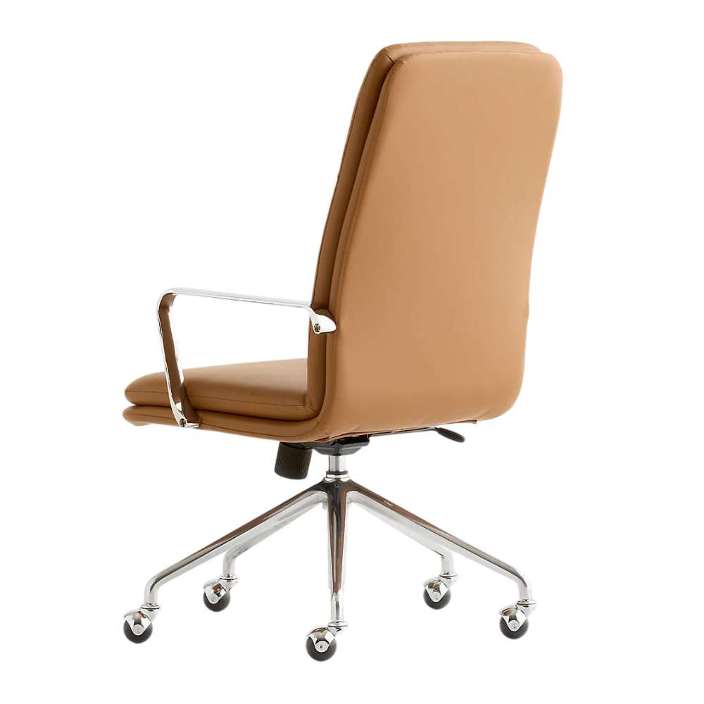Crate & Barrel Smythe Camel Faux Leather Office Chair shown from the rear, highlighting the smooth camel faux leather back, chrome armrests, and rolling base