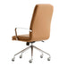 Crate & Barrel Smythe Camel Faux Leather Office Chair shown from the rear, highlighting the smooth camel faux leather back, chrome armrests, and rolling base