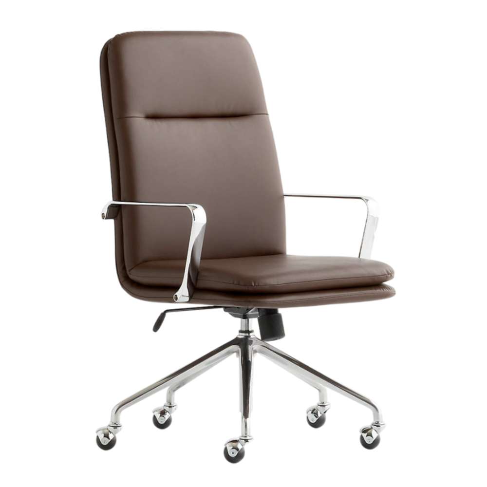 Crate & Barrel Smythe Chocolate Faux Leather Office Chair shown from an angled front view with a padded seat, tall backrest, chrome armrests, and caster wheels