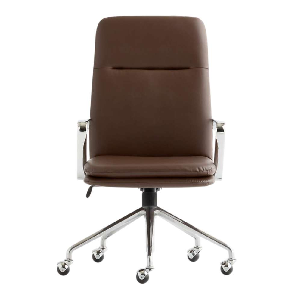 Crate & Barrel Smythe Chocolate Faux Leather Office Chair shown from the front with a tall padded back, cushioned seat, chrome armrests, and a five-wheel base
