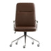 Crate & Barrel Smythe Chocolate Faux Leather Office Chair shown from the front with a tall padded back, cushioned seat, chrome armrests, and a five-wheel base