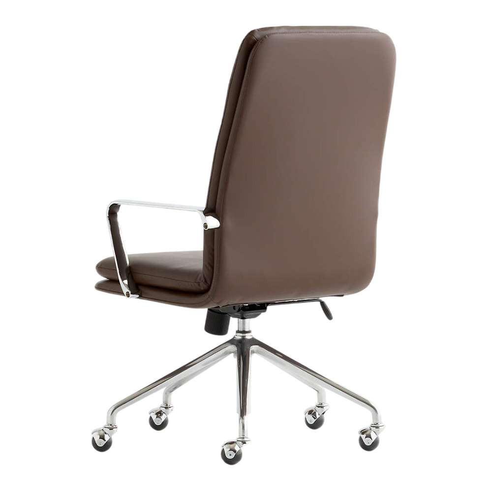 Crate & Barrel Smythe Chocolate Faux Leather Office Chair shown from the rear with a tall chocolate faux leather back, chrome armrests, and a five-wheel swivel base