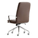 Crate & Barrel Smythe Chocolate Faux Leather Office Chair shown from the rear with a tall chocolate faux leather back, chrome armrests, and a five-wheel swivel base
