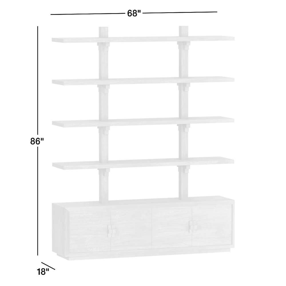Crate & Barrel Steppe 68" Walnut Storage Bookcase Room Divider dimensions diagram shows the bookcase measuring 68 inches wide, 86 inches high, and 18 inches deep