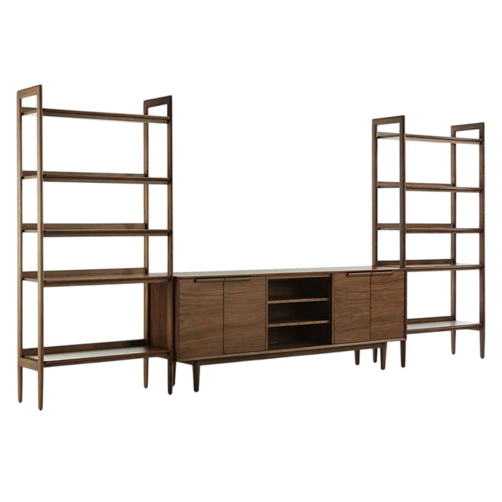 Crate & Barrel Tate 124" Walnut Storage Media Console and Bookshelf Set displayed with a TV and decorative items arranged across the shelves and console