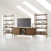 Crate & Barrel Tate 124" Walnut Storage Media Console and Bookshelf Set shown with dimensions measuring 152 inches wide, 75.5 inches high, and 16 inches deep