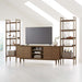 Crate & Barrel Tate 124" Walnut Storage Media Console and Bookshelf Set styled as a modern entertainment center with a TV and decorative display shelves