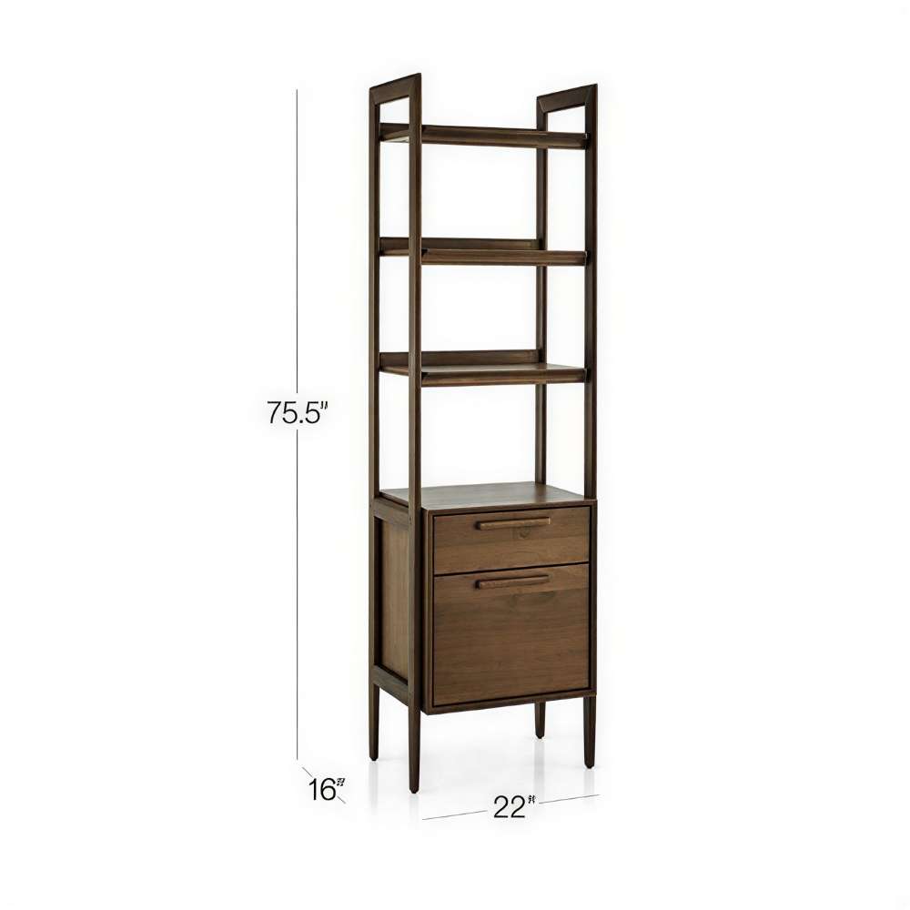 Crate & Barrel Tate 22" Walnut Bookcase File Cabinet shown with dimensions, featuring three open shelves above a drawer and file cabinet in a tall, narrow design