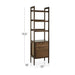 Crate & Barrel Tate 22" Walnut Bookcase File Cabinet shown with dimensions, featuring three open shelves above a drawer and file cabinet in a tall, narrow design