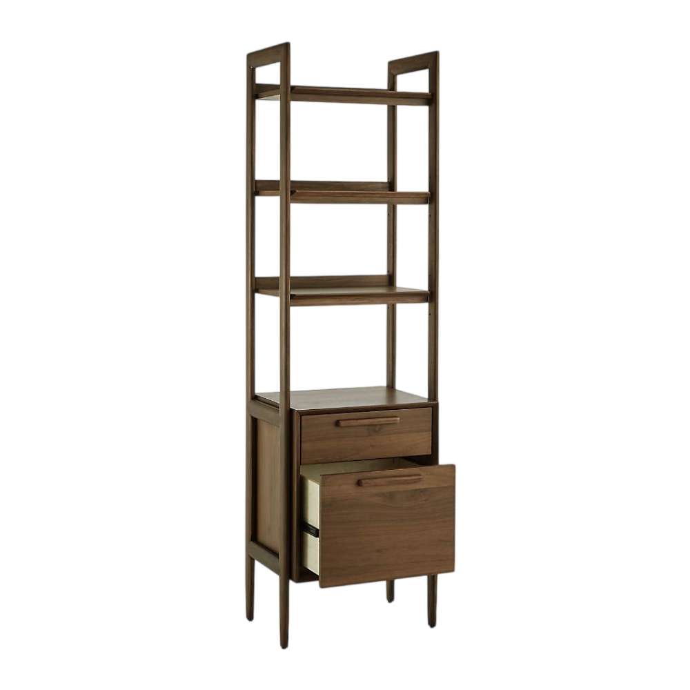 Crate & Barrel Tate 22" Walnut Bookcase File Cabinet with the lower file drawer partially open, revealing spacious filing storage beneath open display shelves