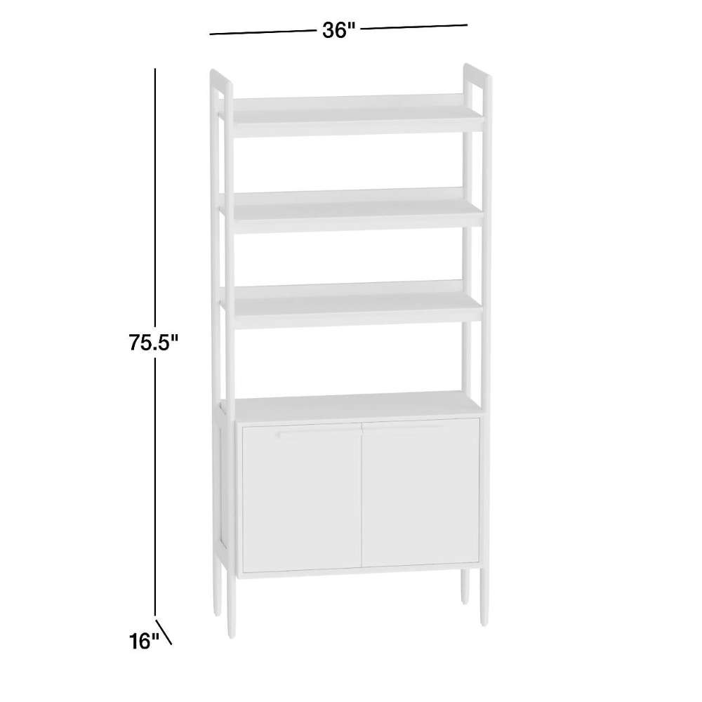 Crate & Barrel Tate 36" Walnut Wood 3-Shelf Storage Bookcase Cabinet shown with dimensions, featuring three open shelves above a two-door storage cabinet in a tall walnut frame