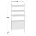 Crate & Barrel Tate 36" Walnut Wood 3-Shelf Storage Bookcase Cabinet shown with dimensions, featuring three open shelves above a two-door storage cabinet in a tall walnut frame