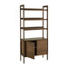 Crate & Barrel Tate 36" Walnut Wood 3-Shelf Storage Bookcase Cabinet with one cabinet door open, revealing interior storage space beneath the shelves