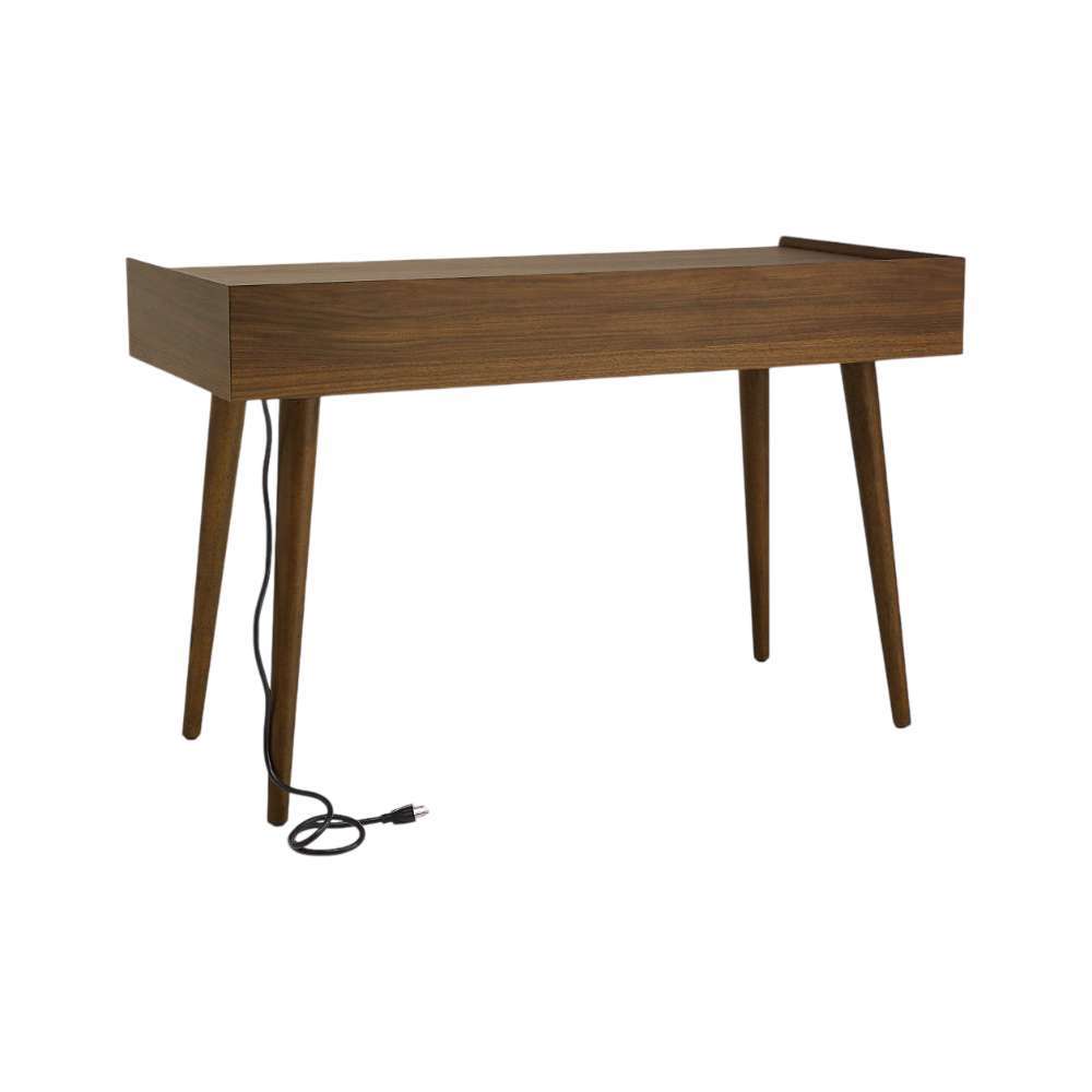 Crate & Barrel Tate 48" Walnut Desk with Outlet shown from the back, revealing its clean walnut panel design and built-in power cord