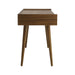 Crate & Barrel Tate 48" Walnut Desk with Outlet shown from the side, featuring a slim walnut wood frame, raised tray-style top, and tapered mid-century legs