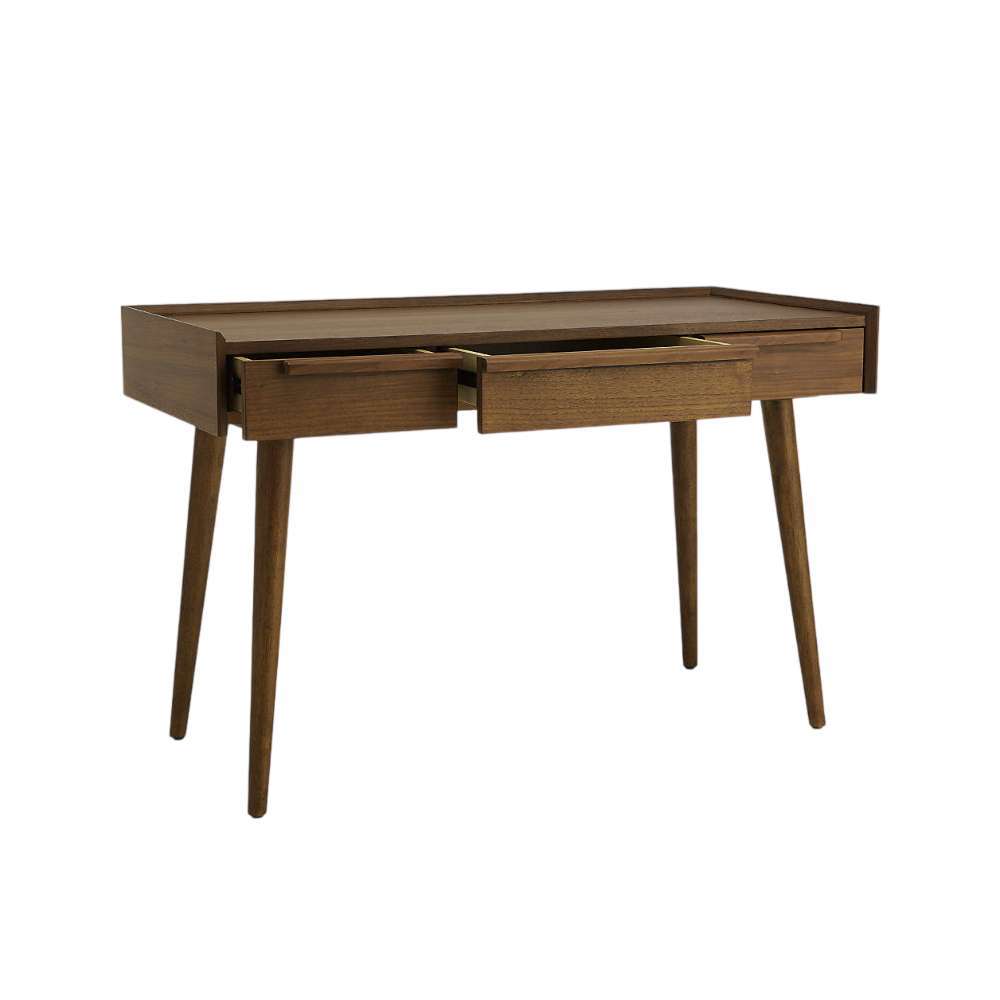 Crate & Barrel Tate 48" Walnut Desk with Outlet shown with two drawers open, revealing convenient storage compartments beneath the desktop