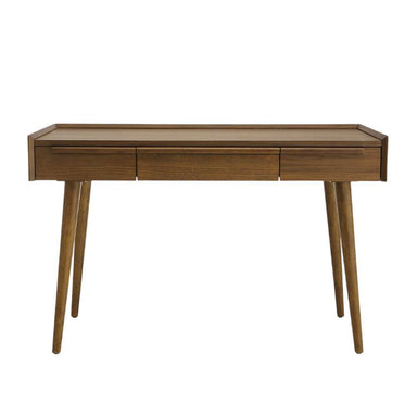 Crate & Barrel Tate 48" Walnut Desk with Outlet viewed from the front, highlighting its spacious desktop, three storage drawers, and warm walnut finish