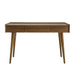 Crate & Barrel Tate 48" Walnut Desk with Outlet viewed from the front, highlighting its spacious desktop, three storage drawers, and warm walnut finish