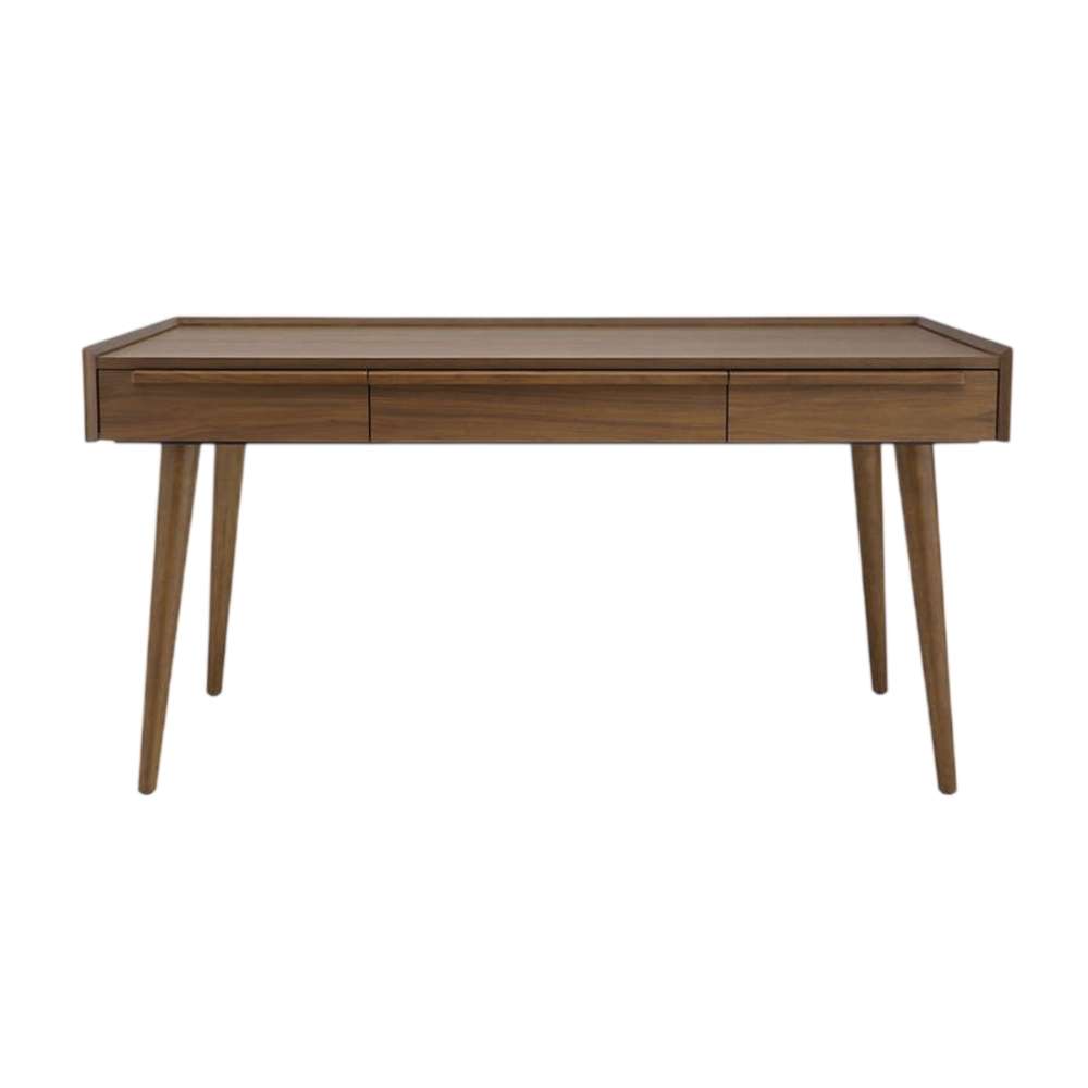 Crate & Barrel Tate 60" Walnut Desk with Outlet shown from the front, featuring a spacious walnut desktop, three storage drawers, and tapered mid-century modern legs