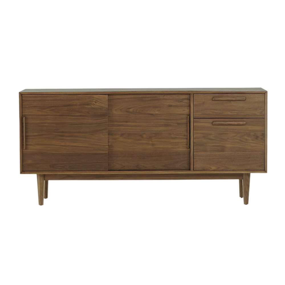 Crate & Barrel Tate 64.5" Walnut Storage Media Console in rich walnut wood with a sliding door, upper drawer, lower file cabinet, and tapered mid-century legs