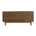 Crate & Barrel Tate 64.5" Walnut Storage Media Console in rich walnut wood with a sliding door, upper drawer, lower file cabinet, and tapered mid-century legs