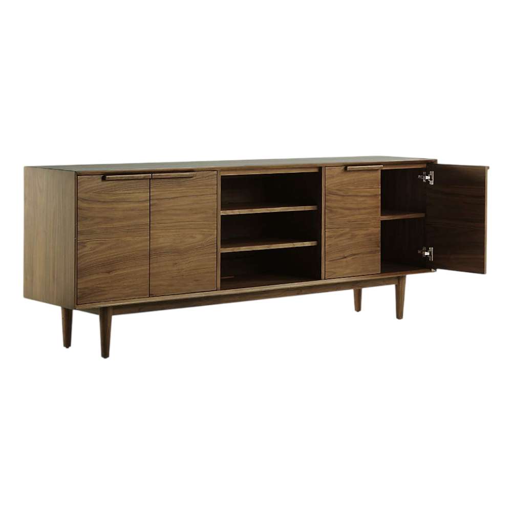 Crate & Barrel Tate 80" Walnut Storage Media Console with open cabinet doors revealing adjustable shelves and media storage compartments