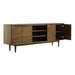 Crate & Barrel Tate 80" Walnut Storage Media Console with open cabinet doors revealing adjustable shelves and media storage compartments