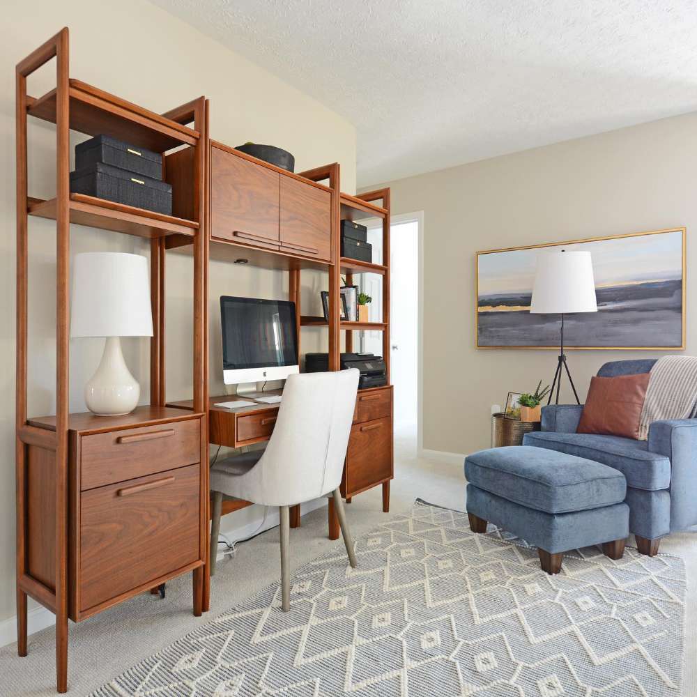 Crate & Barrel Tate Walnut Bookcase Desk with Outlet with 2 Bookcase File Cabinets creating a complete workspace with open shelves, file storage, and an upper cabinet