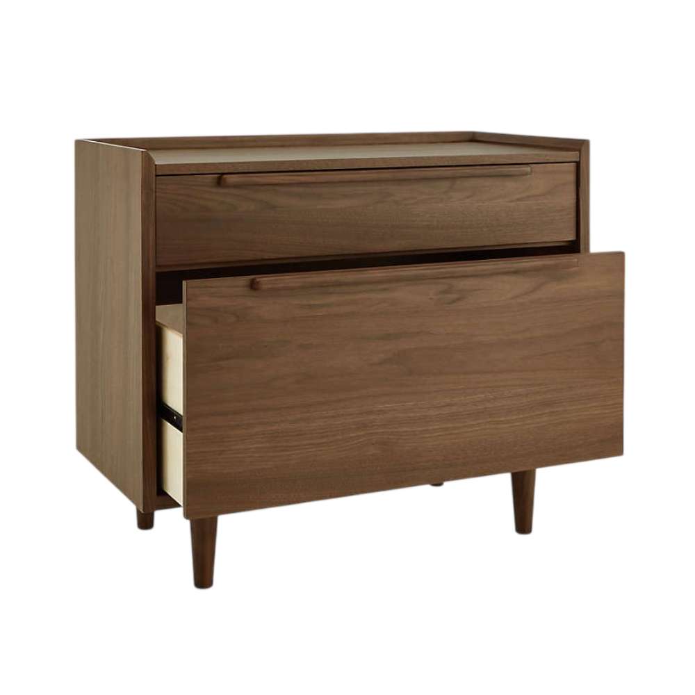 Crate & Barrel Tate Walnut Lateral File Cabinet with its lower drawer partially open, revealing file storage space inside