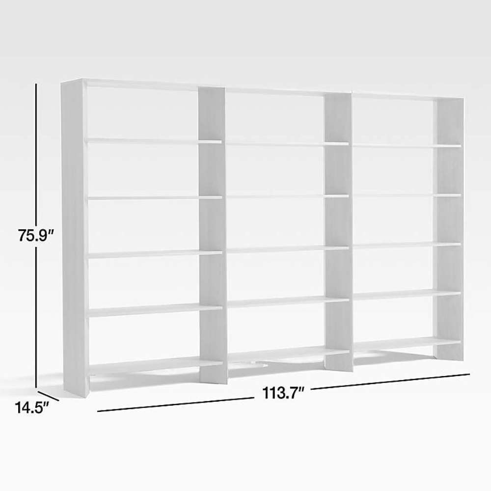 Crate & Barrel Terrazza 114" Natural Solid Oak Wood 5-Shelf Bookcases, Set of 3 shown with overall dimensions of 113.7 inches wide, 14.5 inches deep, and 75.9 inches high