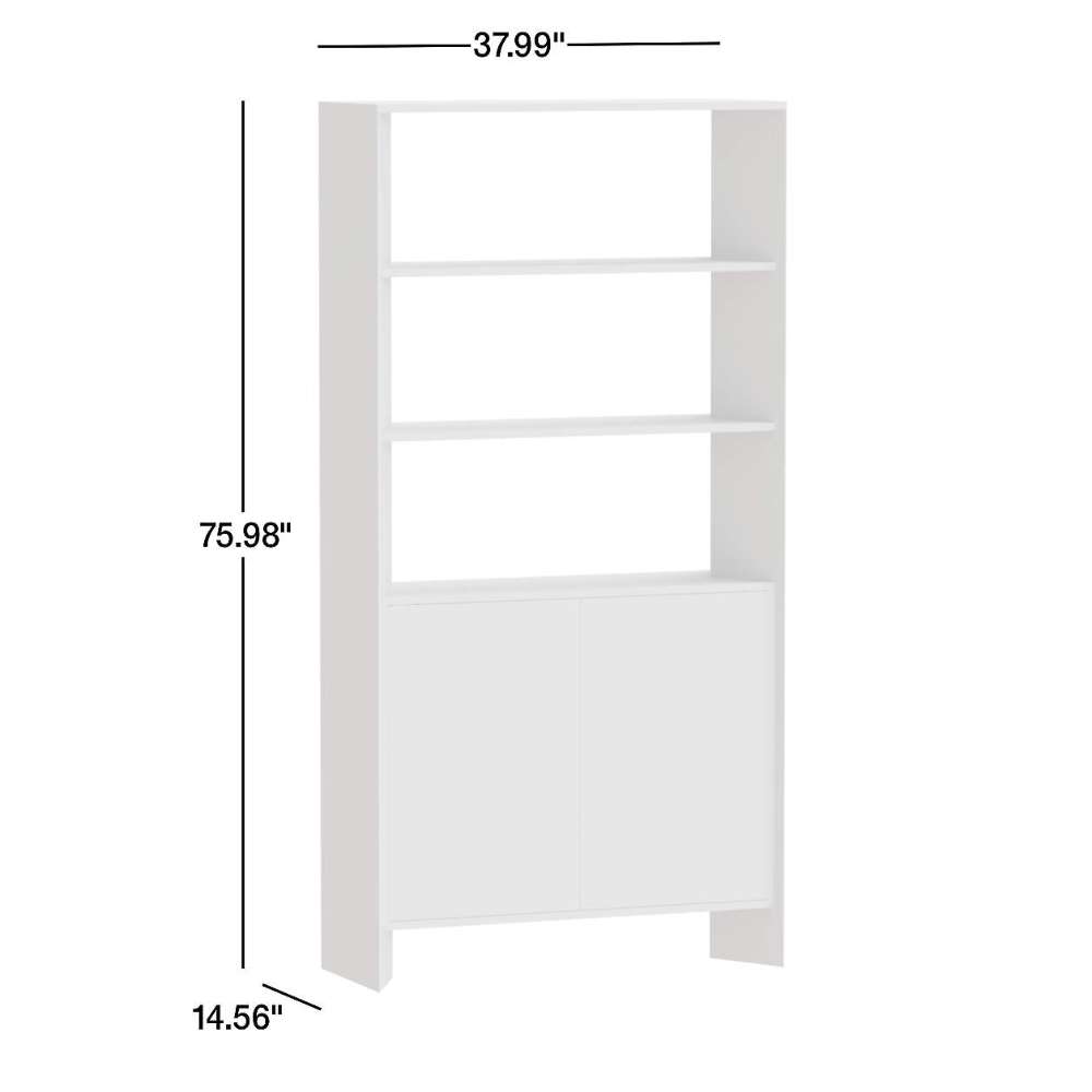 Crate & Barrel Terrazza 38" Natural Solid Oak Wood 2-Shelf Storage Bookcase Cabinet with dimensions labeled, showing its height, width, and depth