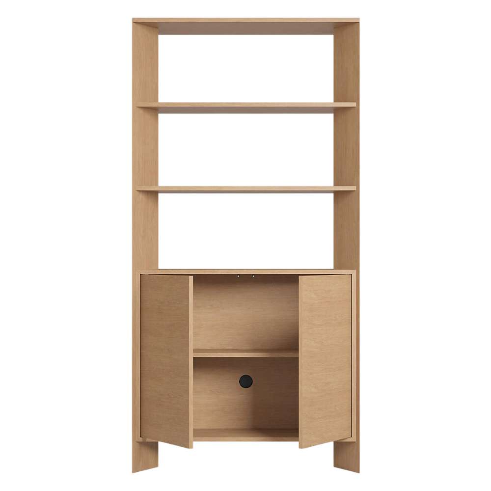 Crate & Barrel Terrazza 38" Natural Solid Oak Wood 2-Shelf Storage Bookcase Cabinet with the lower cabinet doors open, revealing interior storage shelves and a cable management hole