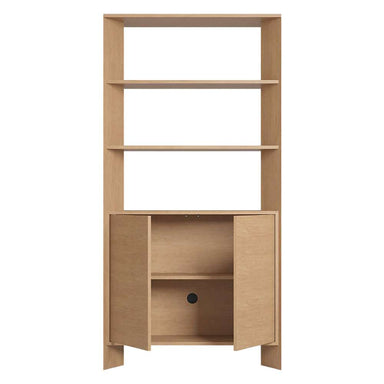 Crate & Barrel Terrazza 38" Natural Solid Oak Wood 2-Shelf Storage Bookcase Cabinet with the lower cabinet doors open, revealing interior storage shelves and a cable management hole