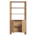 Crate & Barrel Terrazza 38" Natural Solid Oak Wood 2-Shelf Storage Bookcase Cabinet with the lower cabinet doors open, revealing interior storage shelves and a cable management hole