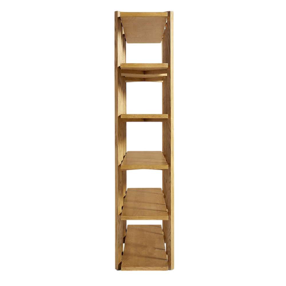 Crate & Barrel Thomas Barley Oak Wood Wide Open Bookcase/Room Divider shown from the side, highlighting its slim profile and evenly spaced open oak shelves