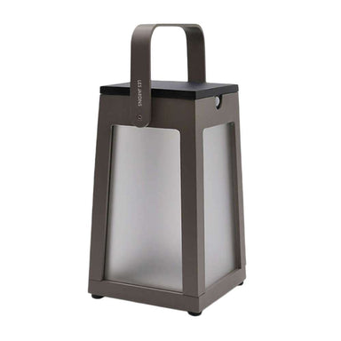 Crate & Barrel Tinka Taupe Aluminum Portable Solar LED Outdoor Lantern 10.5" features a taupe metal frame, frosted panels, and a top carrying handle