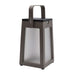 Crate & Barrel Tinka Taupe Aluminum Portable Solar LED Outdoor Lantern 10.5" features a taupe metal frame, frosted panels, and a top carrying handle