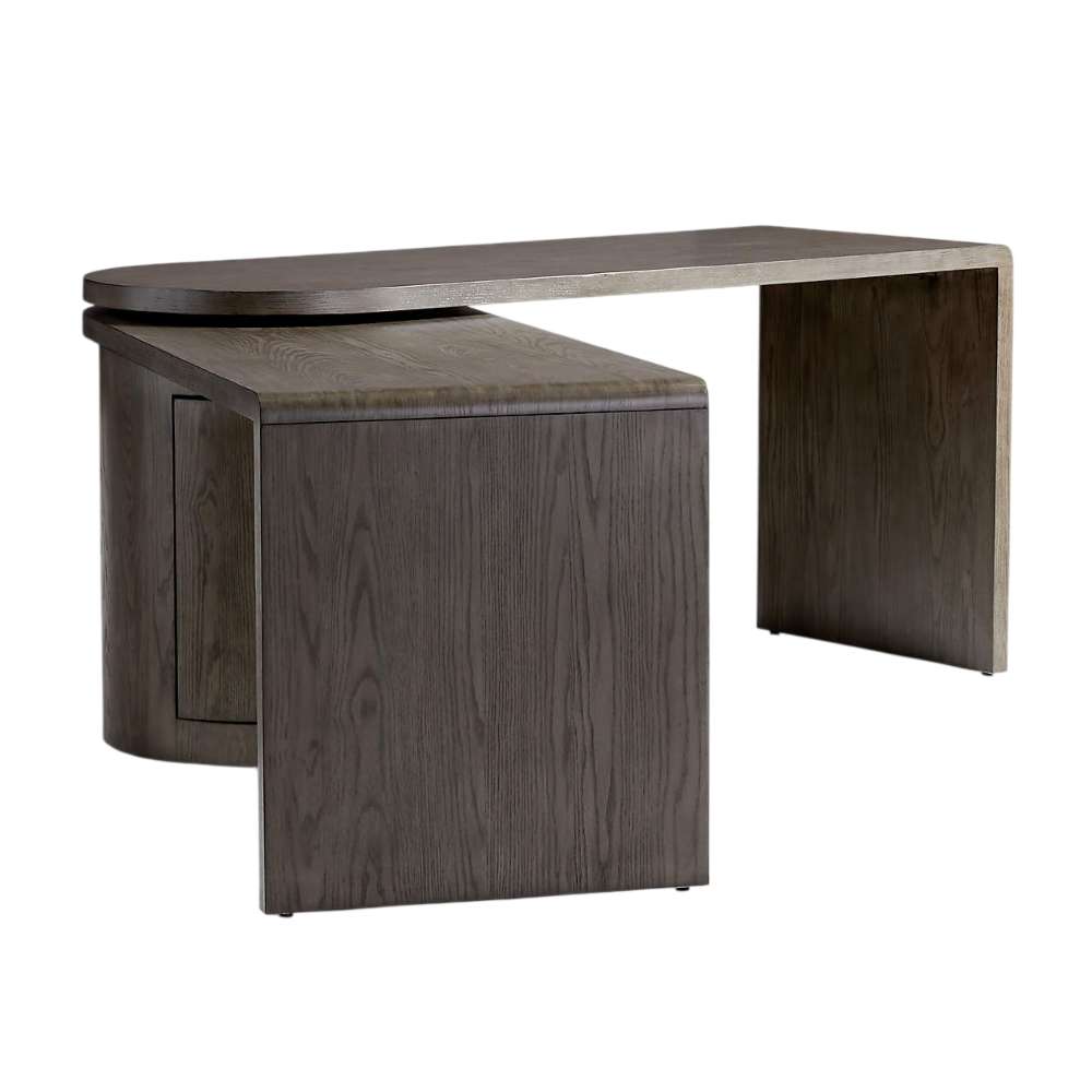 Crate & Barrel Twist 64" Grey Ash Rotating Large Desk with Storage displayed with the rotating extension partially extended for added workspace