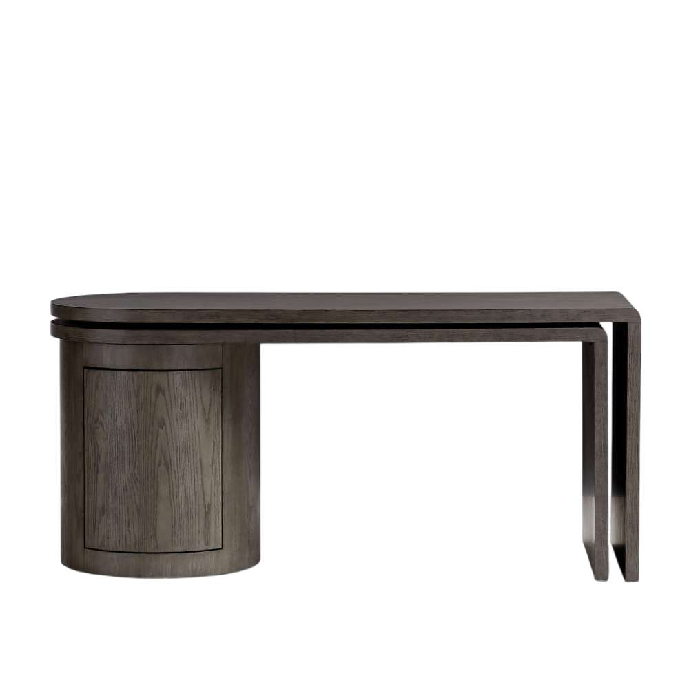 Crate & Barrel Twist 64" Grey Ash Rotating Large Desk with Storage shown in a streamlined configuration with the rotating section tucked neatly underneath