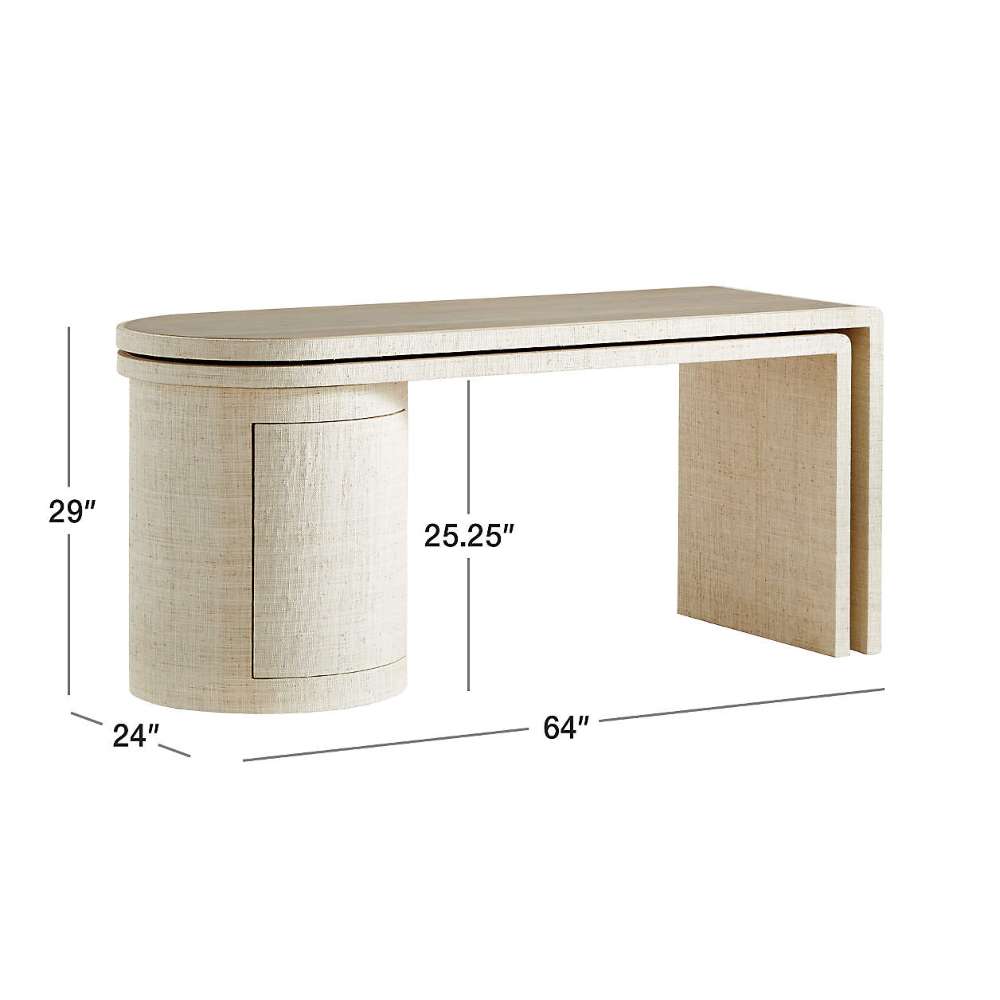 Crate & Barrel Twist 64" Whitewashed Ash Rotating Large Desk with Storage dimension diagram showing the desk’s 64-inch width, 29-inch height, and 24-inch depth