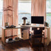 Crate & Barrel Twist 64" Whitewashed Ash Rotating Large Desk with Storage in a bright corner office with built-in storage and large surrounding windows